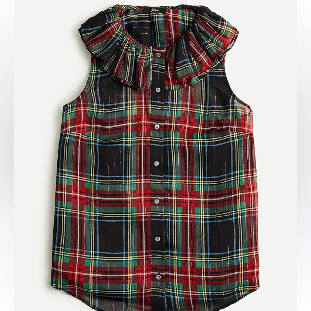 J Crew Ruffle Collar sleeveless button up sheer Stewart Plaid blouse Sz S NWT
